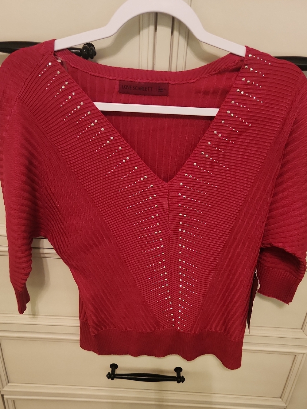 Scarlett Red V-Neck Ribbed Sweater with Rhinestone Trim